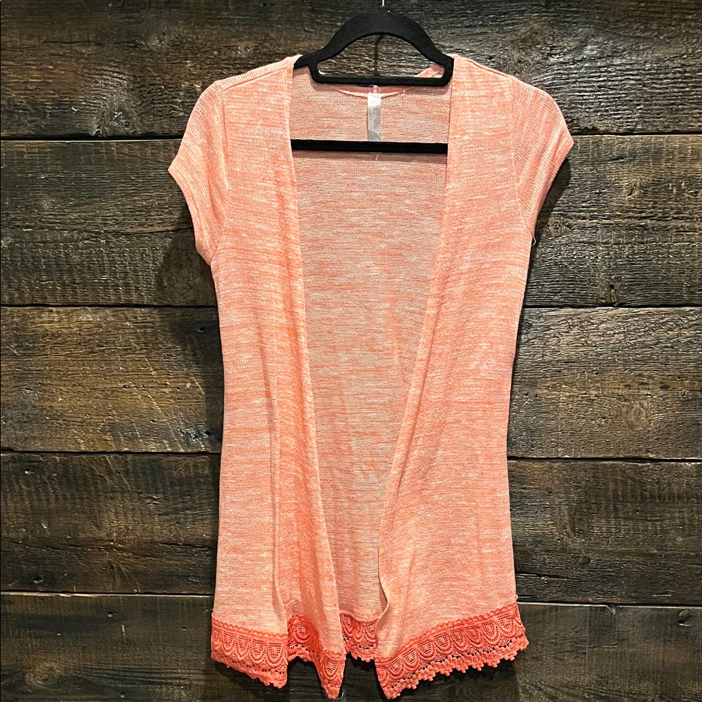 Coral Open-Front Knit Cardigan With Lace Trim